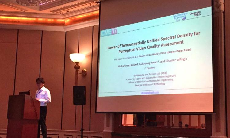 ECE Ph.D. student Gukyeong Kwon presents the paper coauthored by a team of Multimedia and Sensors Lab researchers at the 2017 IEEE International Conference on Multimedia and Expo.