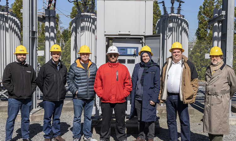 : The Georgia Tech research team is shown in the Marietta substation yard with collaborators from the city of Marietta. (Credit: City of Marietta)