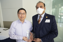 Shimeng Yu, Outstanding Mid-Career Faculty Member Award, 2022 Roger P. Webb Awards Program. Pictured with Arijit Raychowdhury, Steve W. Chaddick School Chair.